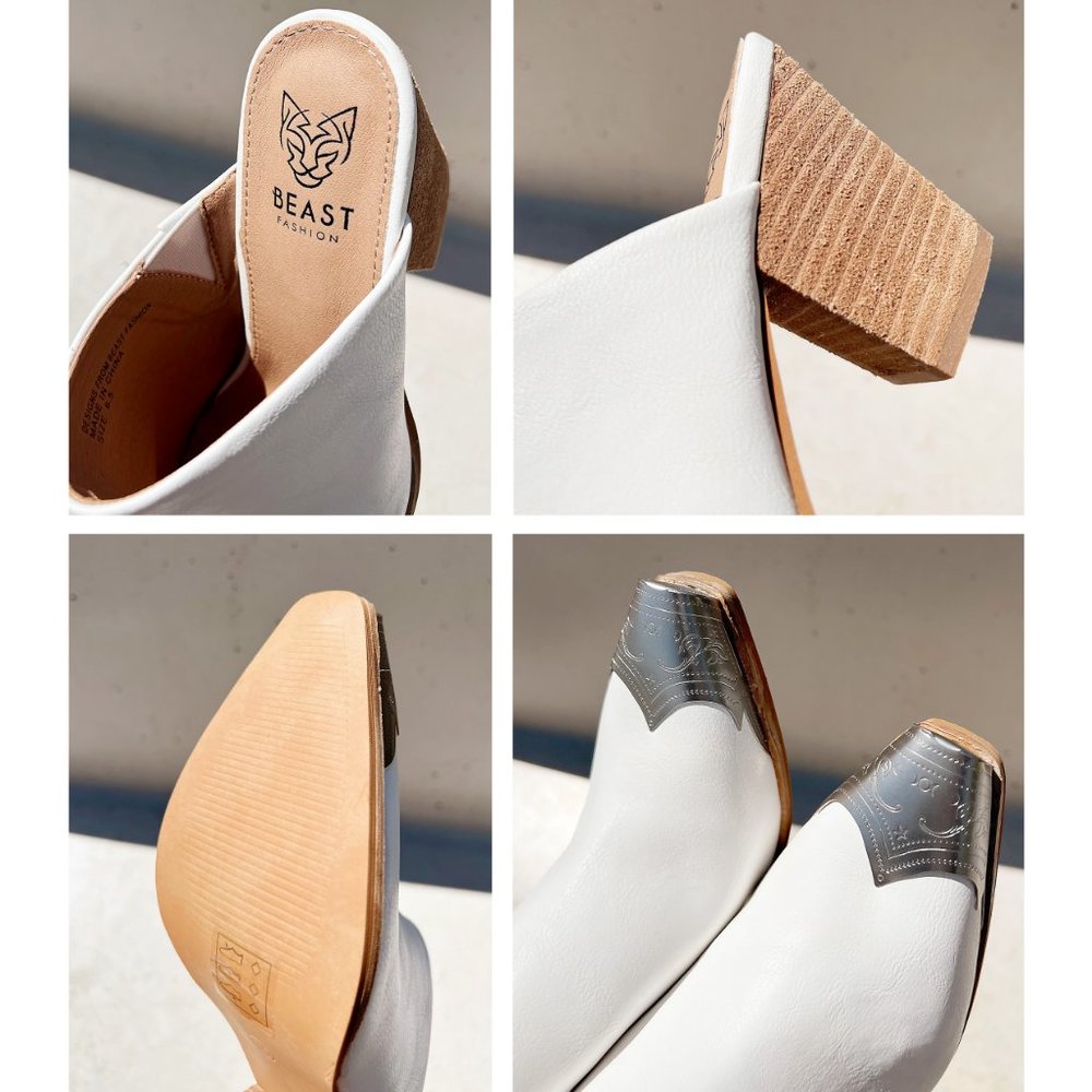 NEW White PU Leather Silver Metal Pointy Square Toe Block Heel Western Mule Shoe - Picture 10 of 13